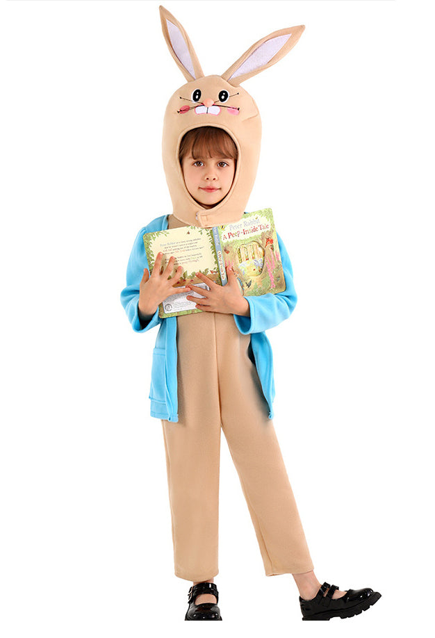 Child wearing beige plush Easter Bunny costume with blue vest and character headpiece
