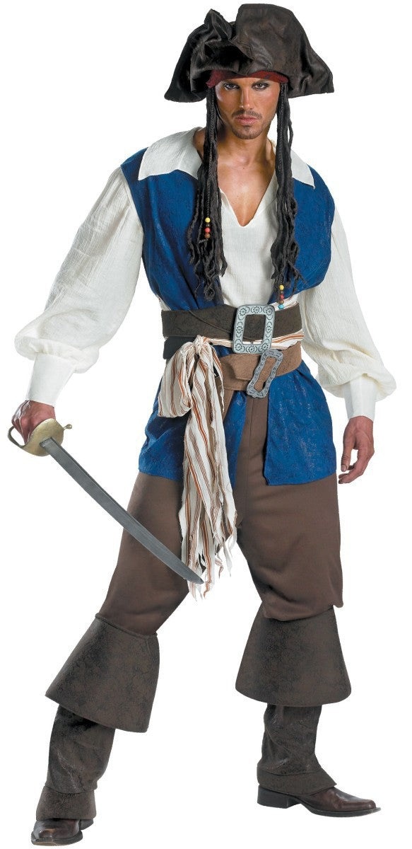 Adult male wearing blue and cream pirate vest with poet shirt, tricorn hat, and belt with rope detail