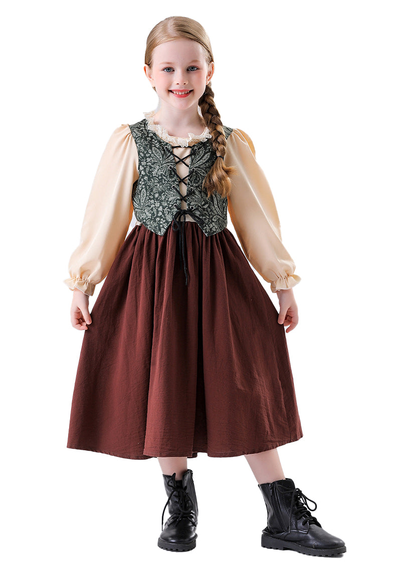 Girls prairie settler dress costume with cream sleeves, patterned vest, burgundy skirt and lace trim
