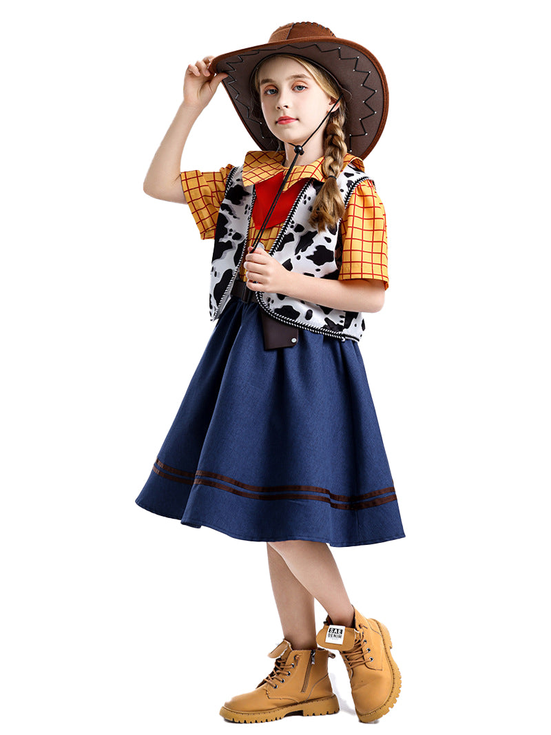 Kids western cowgirl costume with yellow plaid dress, cow-print vest, and brown hat
