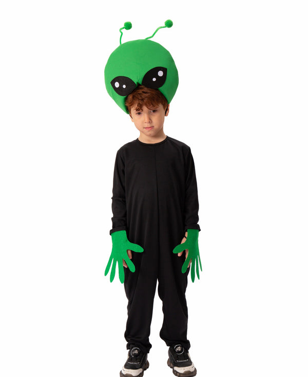 Kids alien costume with oversized green head and black jumpsuit front view