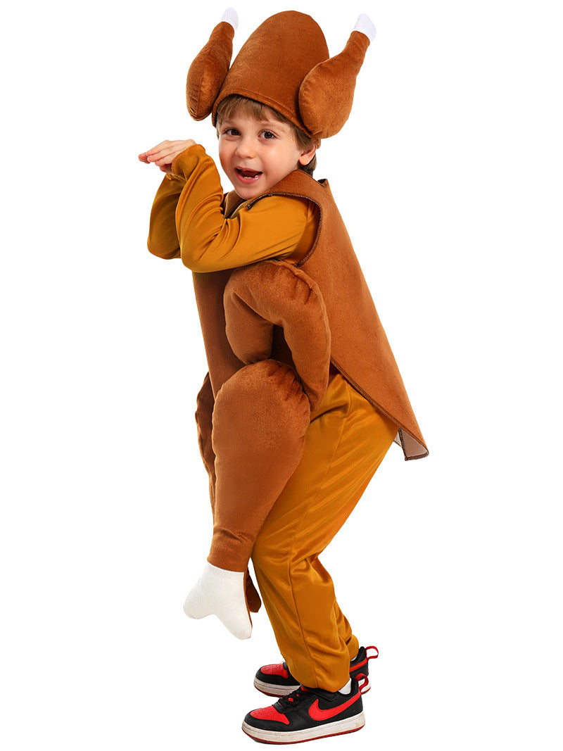 Child wearing brown plush roast turkey costume vest with 3D drumstick legs