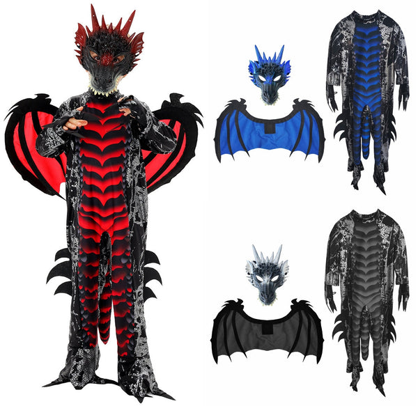 Kids dragon costume with red and black scales, detachable wings, and 3D spikes down back
