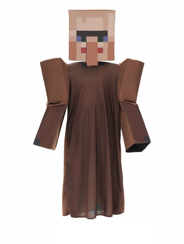 Child wearing brown block builder villager costume with cube headpiece showing pixel face design
