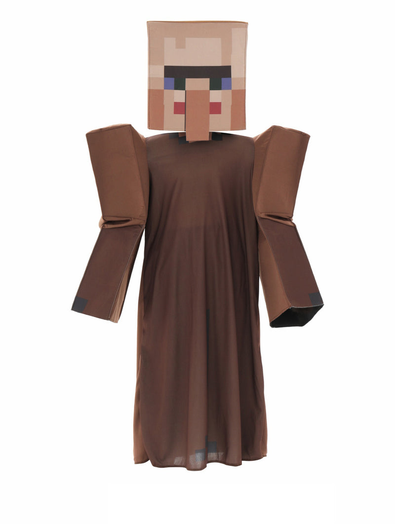 Child wearing brown block builder villager costume with cube headpiece showing pixel face design
