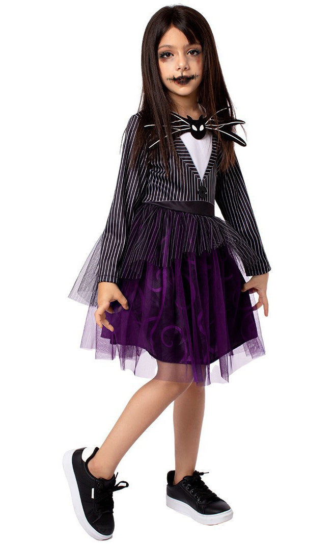 Girls gothic skeleton dress with pinstripe bodice and purple tutu skirt, front view
