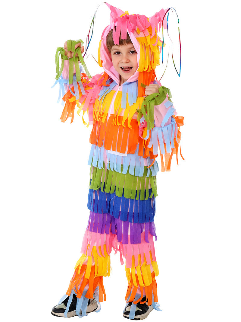 Child wearing rainbow piñata costume with layered fringe and hood streamers