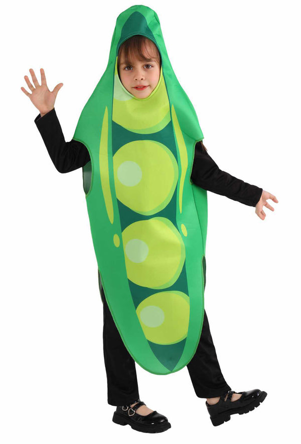 Child wearing bright green pea pod costume with three yellow peas printed down front