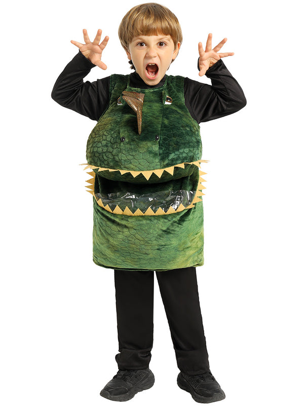 Kids green dinosaur costume tunic with 3D T-Rex head and candy pocket mouth