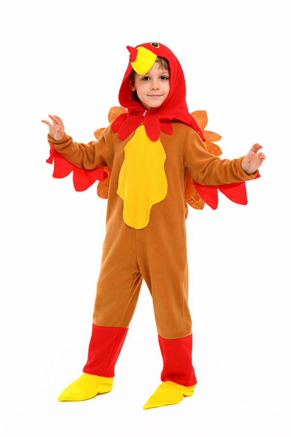 Child wearing brown turkey costume with red headpiece and orange feathered wings