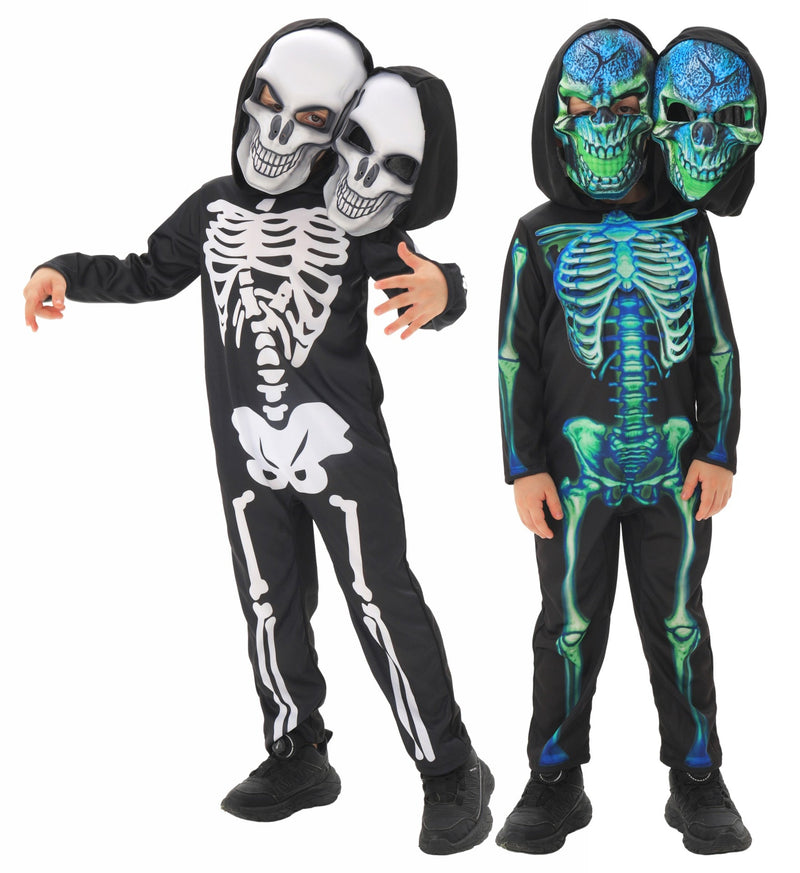 Kids two-headed skeleton costume with double skull headpiece and full-body bone print jumpsuit