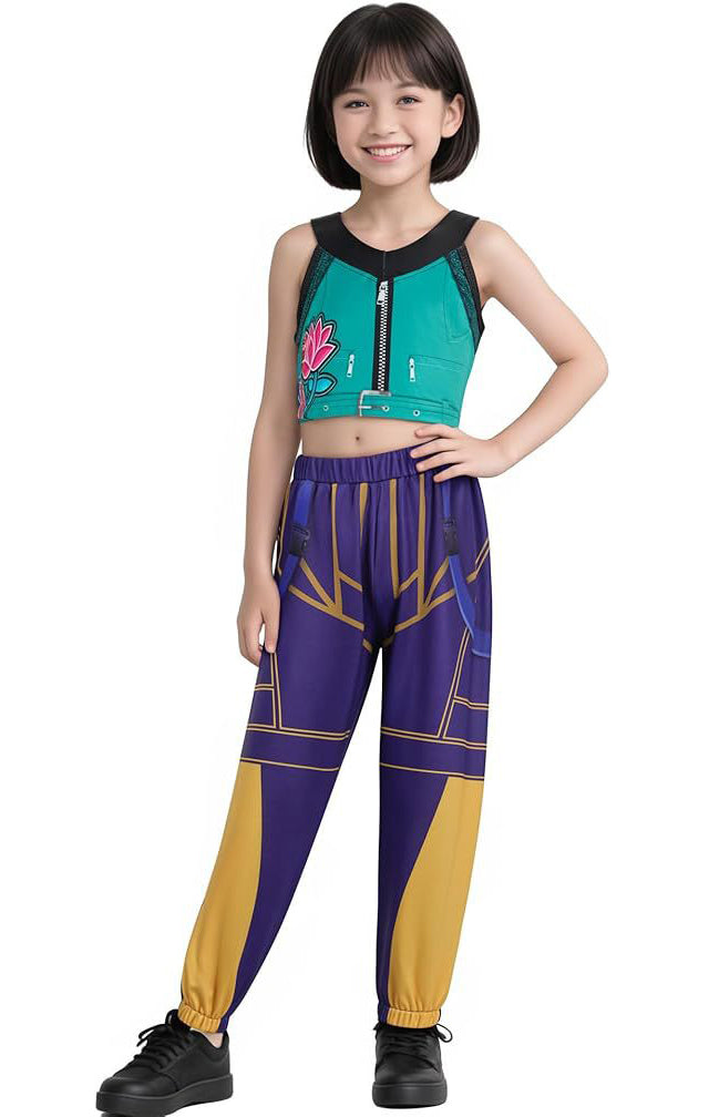 Kids teal and purple dance warrior costume with crop top and jogger pants front view