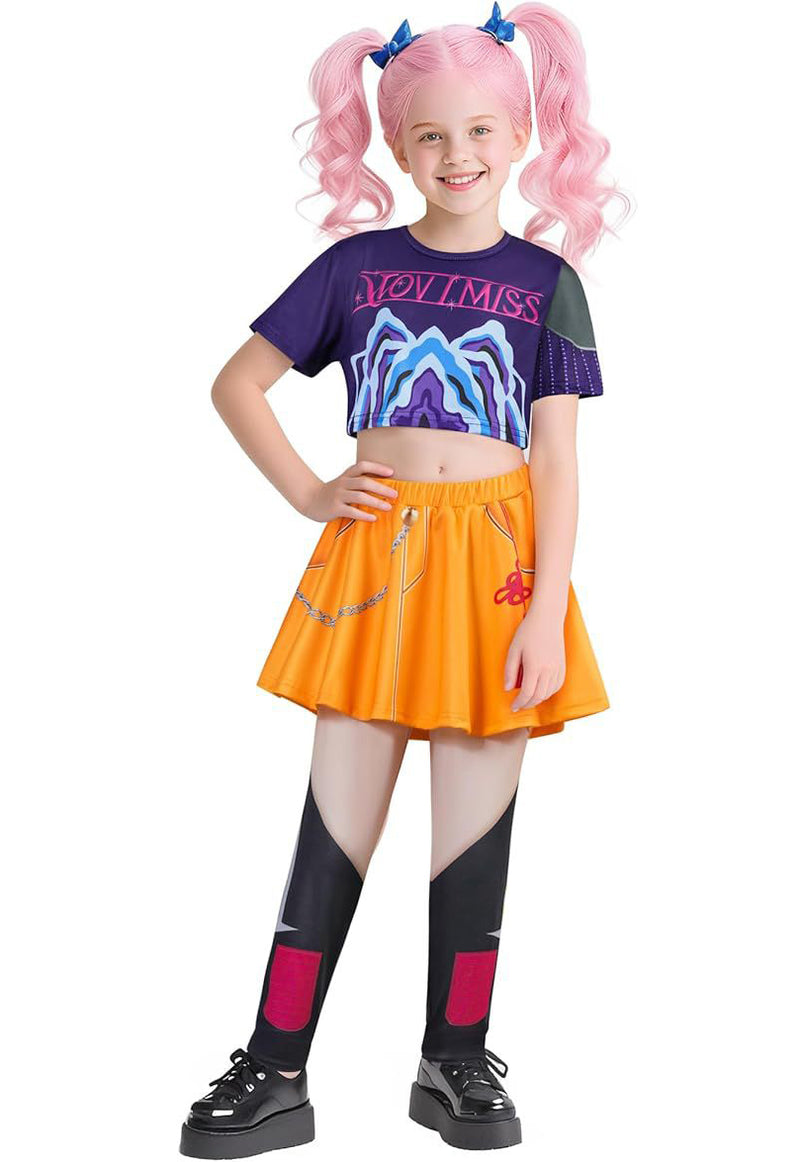 Kids K-pop dance costume with purple crop top, orange skirt, and black leg pieces on white background