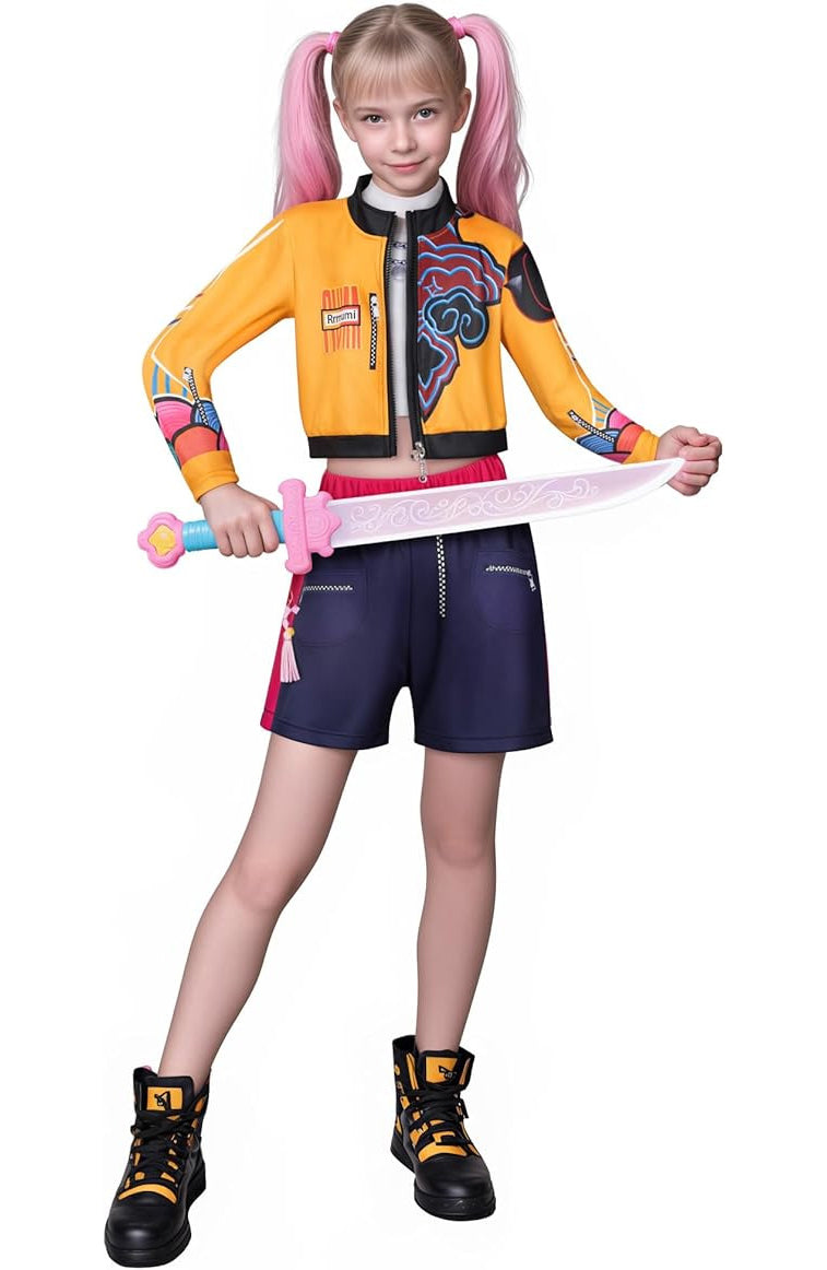 Kids wearing bright orange demon hunter bomber jacket with colorblock sleeves and navy shorts with pink accents