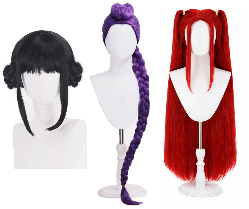Black anime character wig with side braids and buns on child model