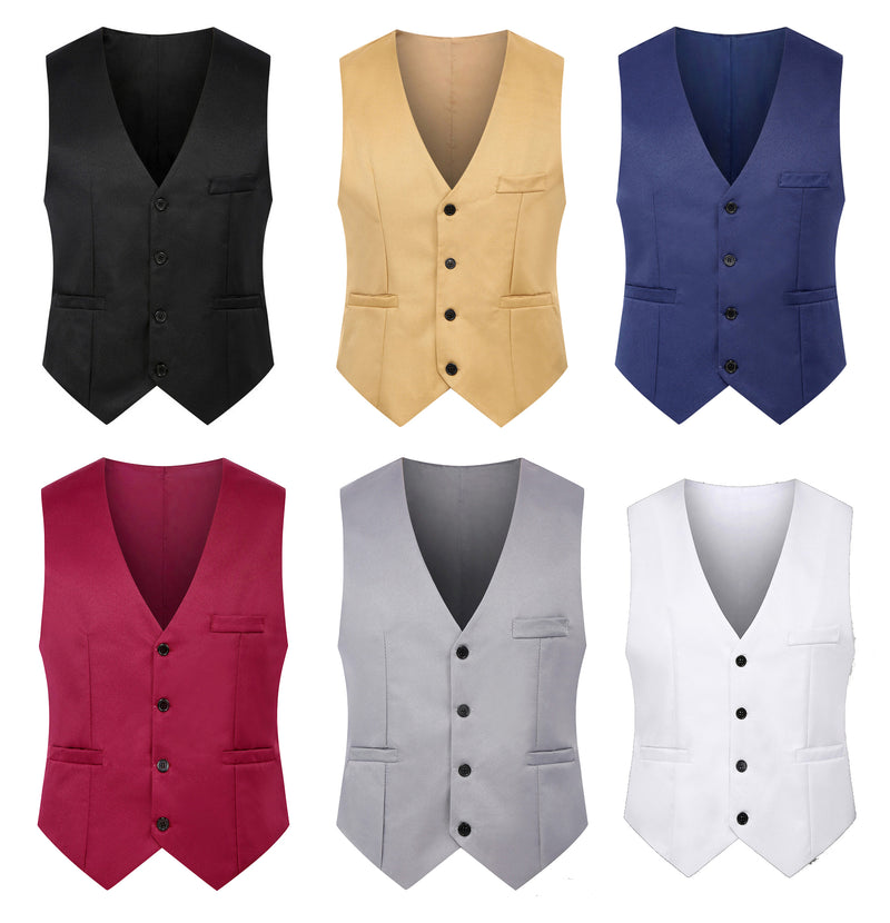 Men's white formal waistcoat with four black buttons and welted pockets, front view