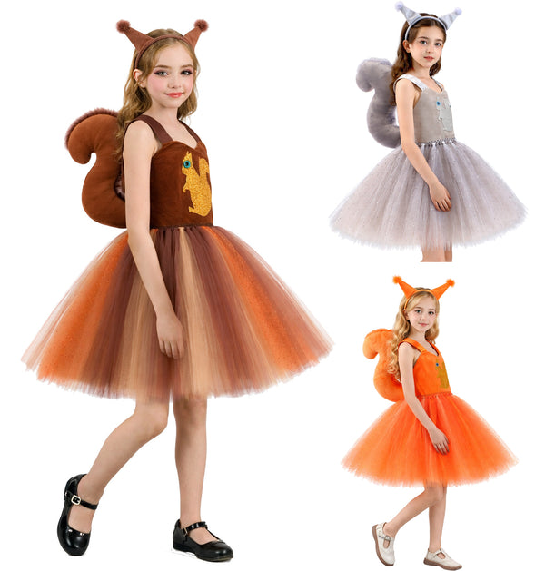 Orange squirrel tutu dress costume with glitter appliqué and full sparkle tulle skirt