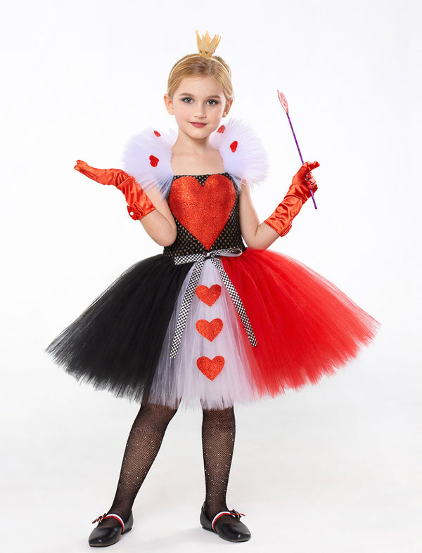 Kids Storybook Card Queen tutu costume dress with red black white layers and heart appliques