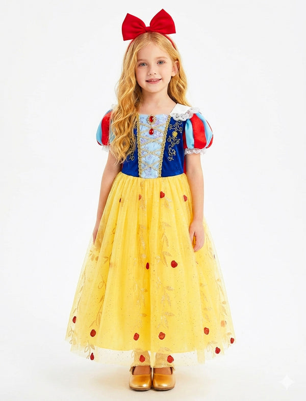 Girls fairytale princess costume with blue velvet bodice, red puff sleeves, and yellow sparkle skirt with apple appliqués