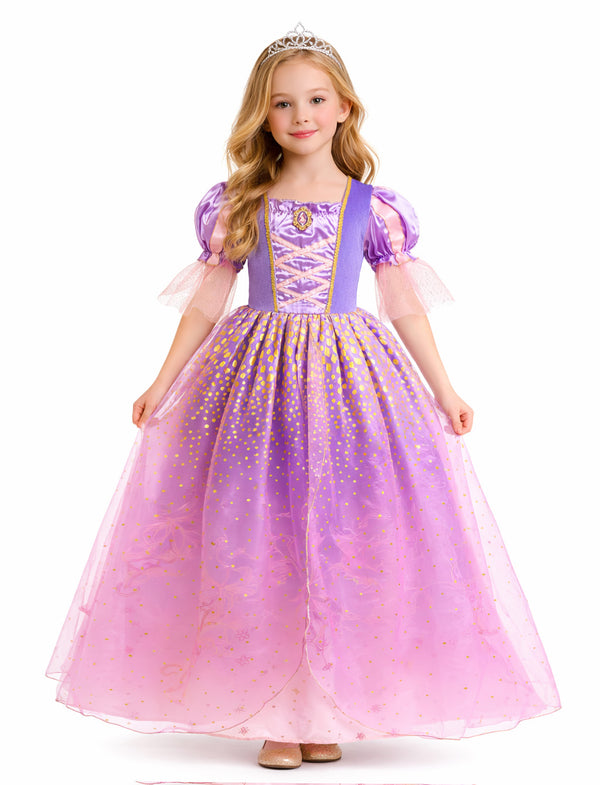 Kids tower princess costume with purple bodice and pink ombre skirt with gold dots