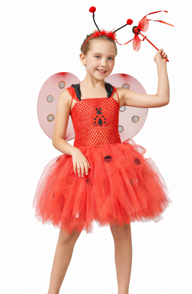 Kids red ladybug fairy tutu dress with black spots and pink ombré wings
