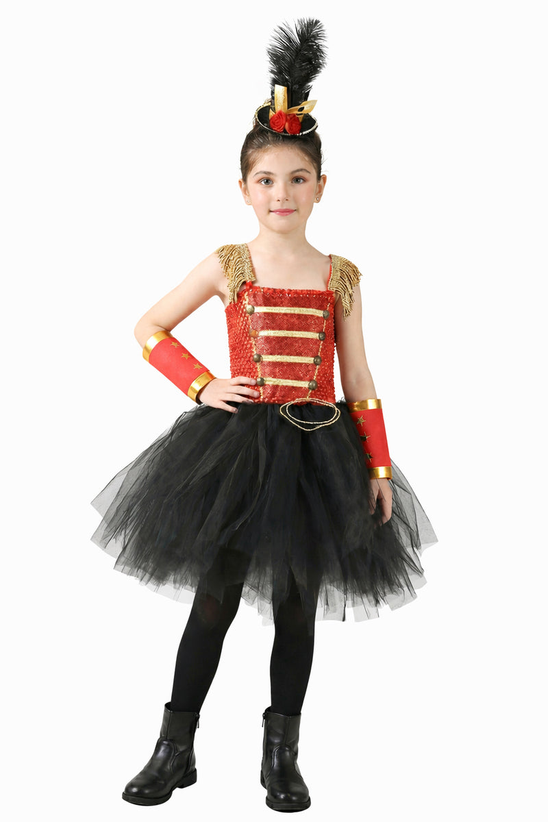 Girls red and black circus ringmaster tutu costume with gold trim and mini top hat