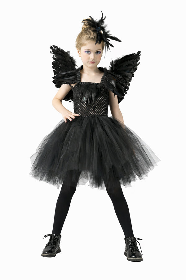 Kids dark angel costume with black feather wings and tutu dress on child