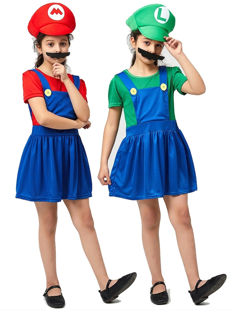 Girls red plumber costume dress with blue pinafore and iconic cap front view