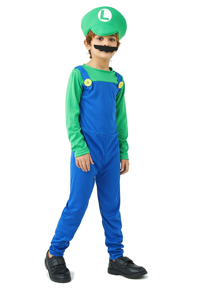 Kids green plumber costume jumpsuit with blue overalls and matching cap