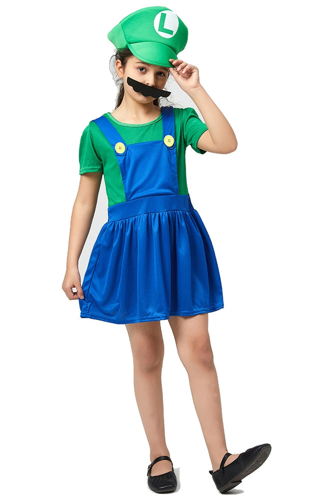Girls green video game plumber costume dress with blue pinafore