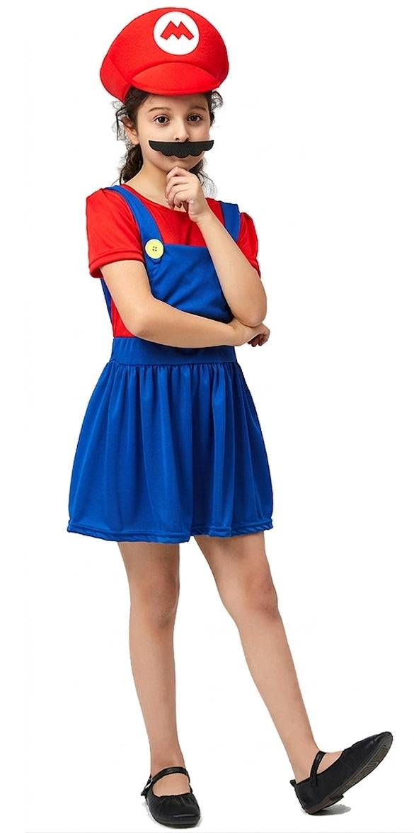 Girls red video game plumber costume dress with blue pinafore and yellow buttons