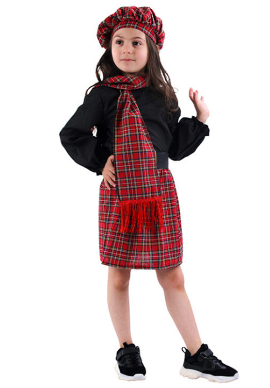 Kids Scottish Highland Costume - Red Tartan Dress Set with Hat & Scarf