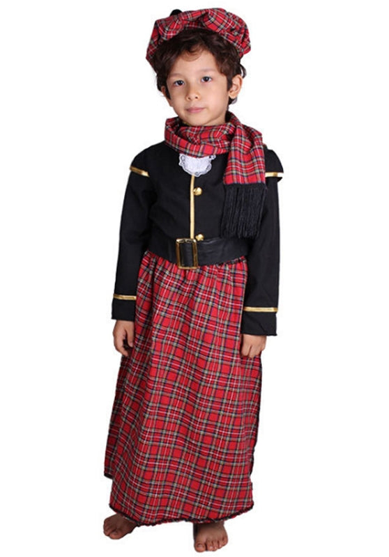 Kids Scottish Highland costume with red tartan skirt and black jacket
