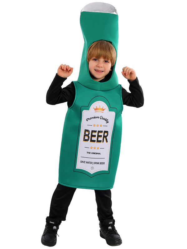 Child wearing green beer bottle costume with silver foam cap headpiece and printed label