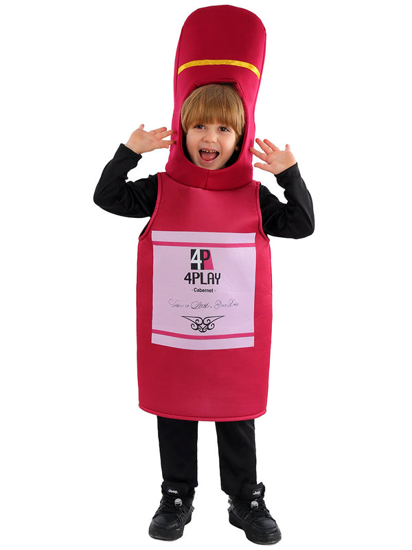Child wearing red wine bottle novelty tunic costume with tall hood and printed label