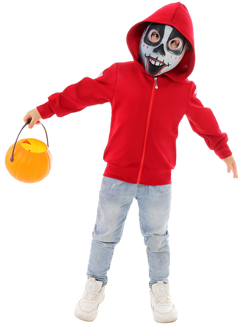 Child wearing red skeleton hoodie costume with Day of the Dead skull mask