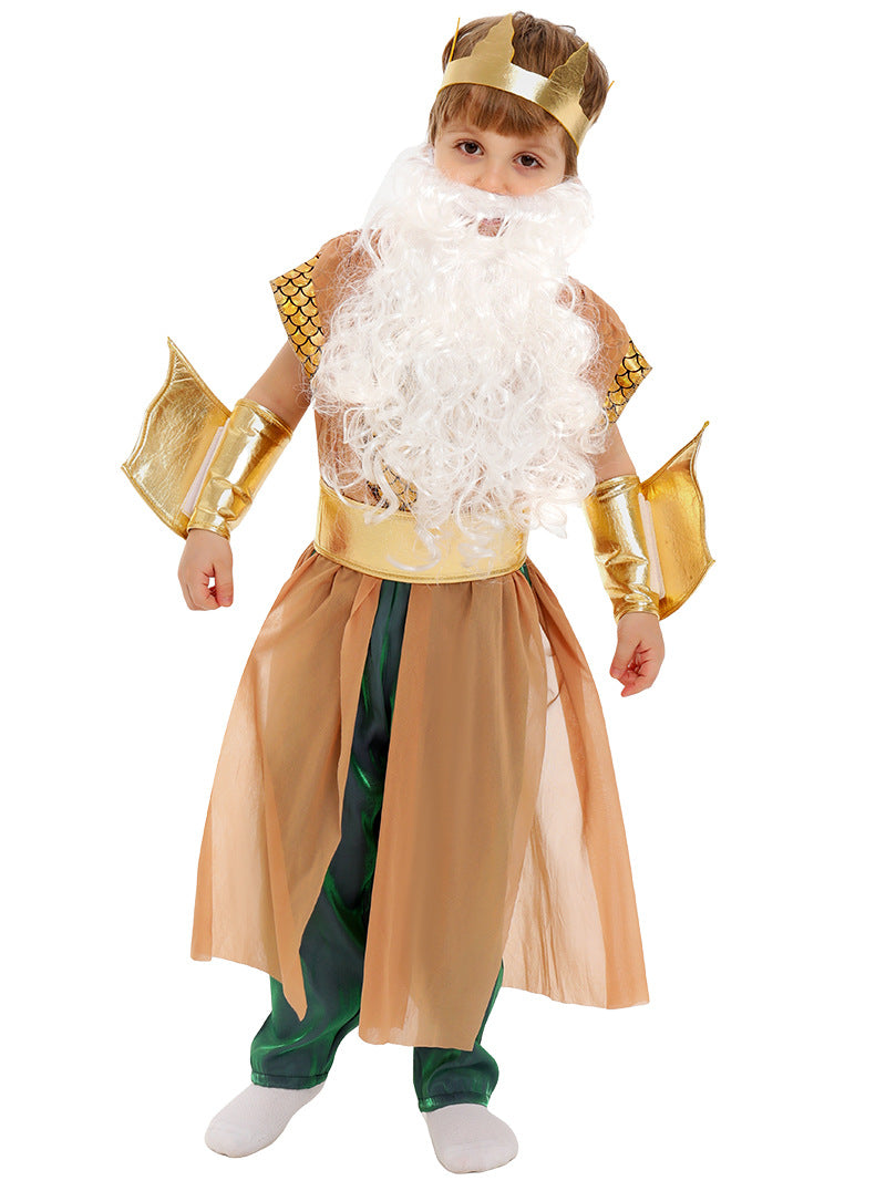 Child wearing gold scale-textured Greek god costume with crown and white beard