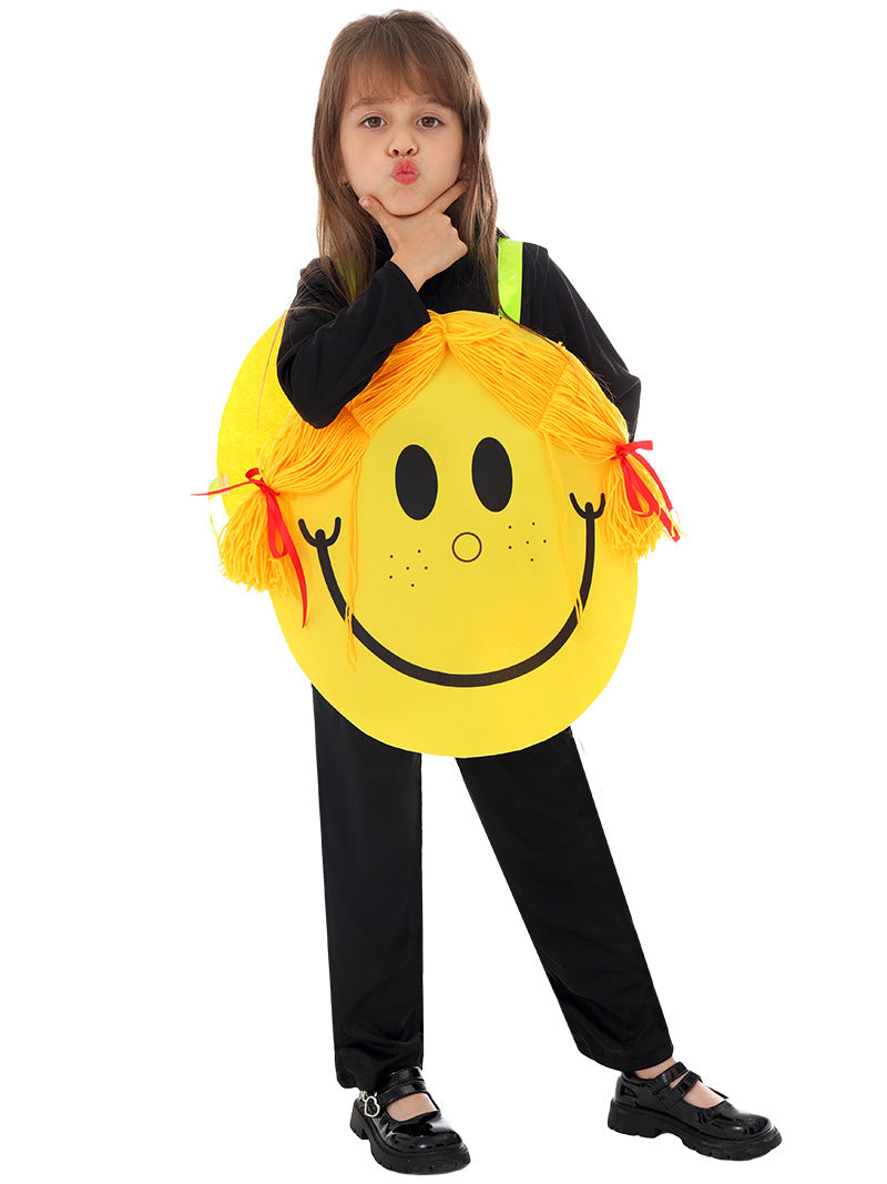 Kids yellow smiley face costume tunic with blonde pigtails and red bows