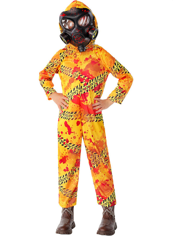 Child wearing bright yellow biohazard hazmat jumpsuit with caution tape print and red splatter effects, paired with realistic gas mask