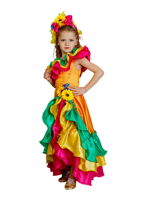 Girls Spanish flamenco dancer costume with yellow bodice and multi-colored ruffle skirt