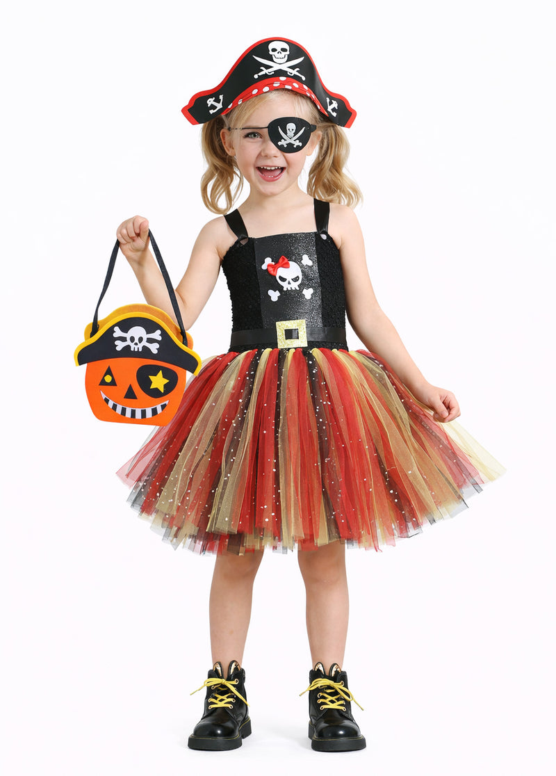 Girls pirate princess tutu costume with black sparkle bodice and red gold black layered skirt