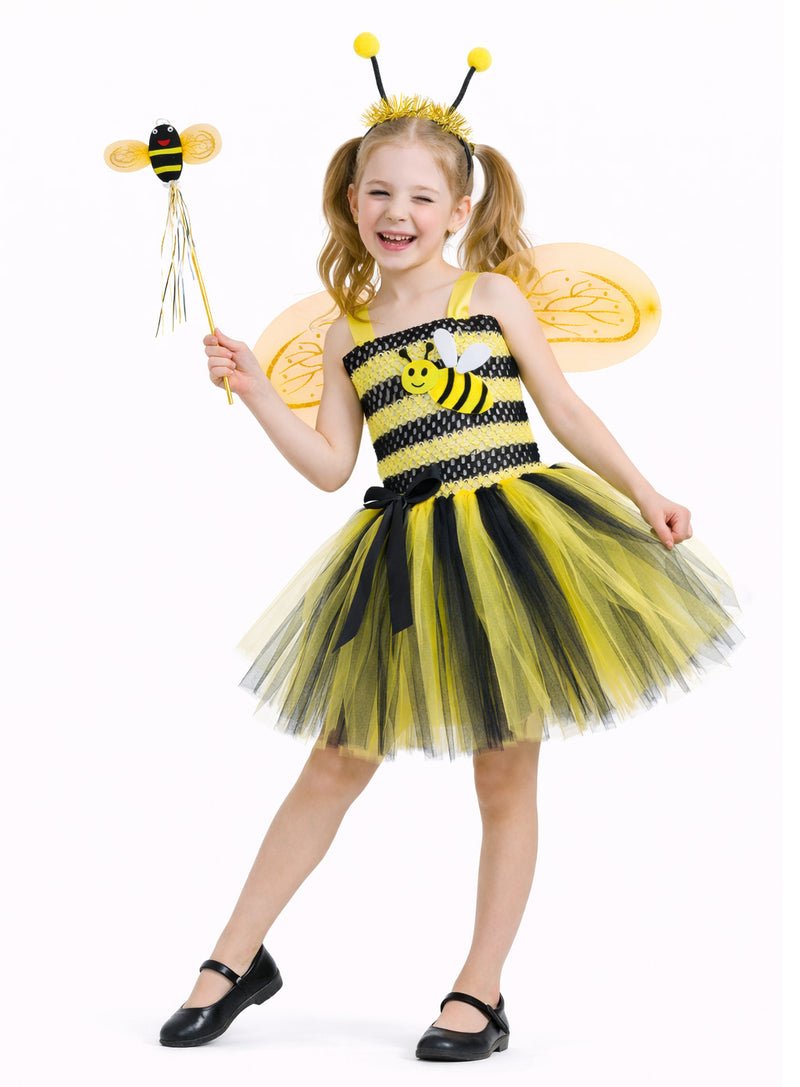 Kids bumble bee tutu costume with black and yellow striped bodice and layered tulle skirt