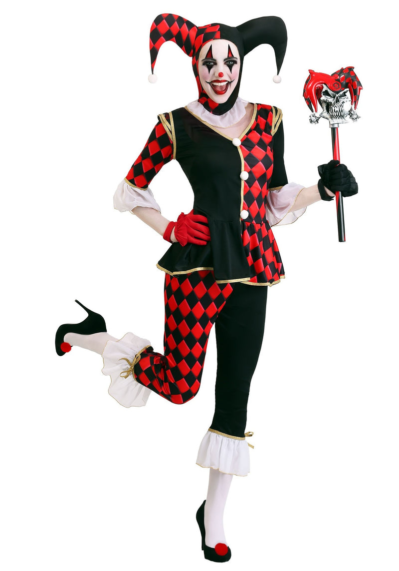 Women's red and black harlequin jester costume with three-pointed hat and white ruffled collar