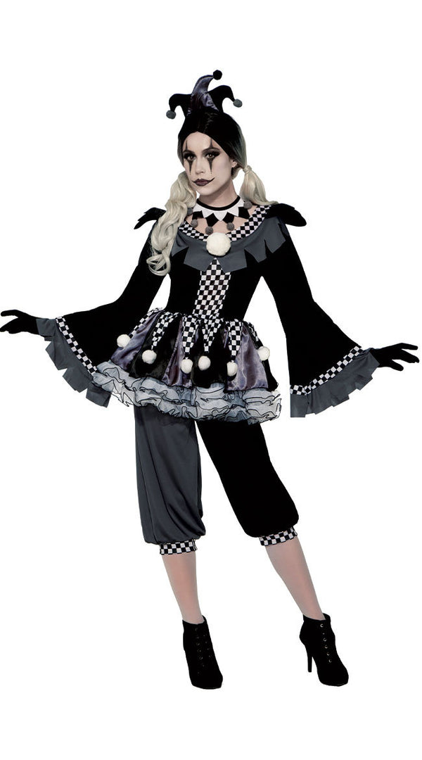 Women's gothic harlequin jester costume with black grey and white checkerboard pattern, ruffled collar and bell sleeves