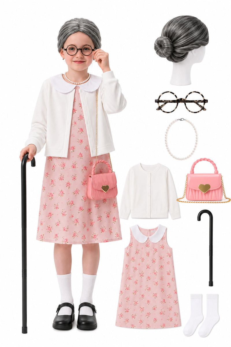 Kids grandma costume pink floral dress with white cardigan grey bun wig glasses pearl necklace pink handbag and accessories