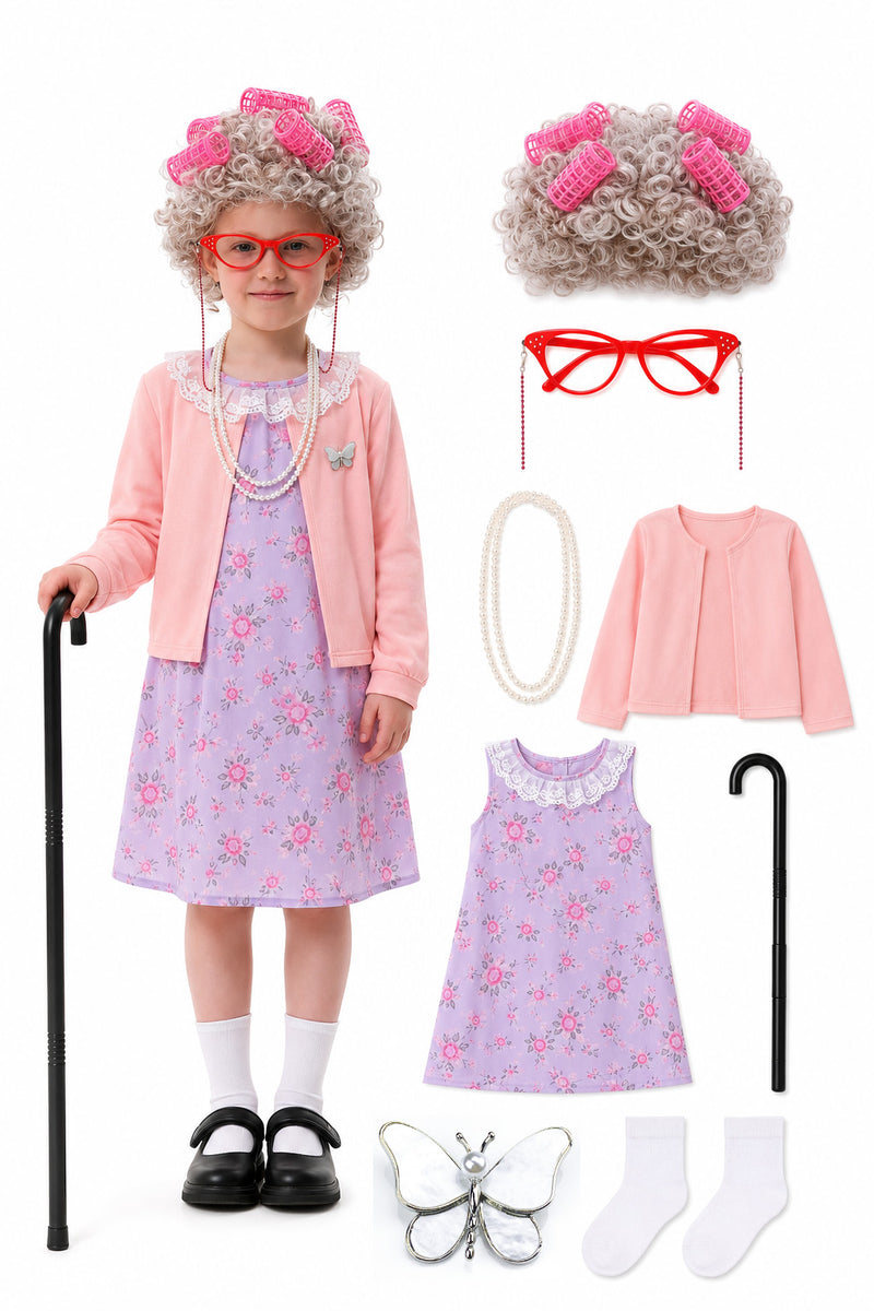 Kids funny grandma costume with curly grey wig pink hair rollers red cat eye glasses purple floral dress and accessories