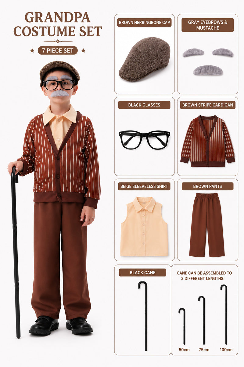 Kids grandpa costume 7 piece set with brown herringbone cap grey eyebrows mustache black glasses striped cardigan and accessories