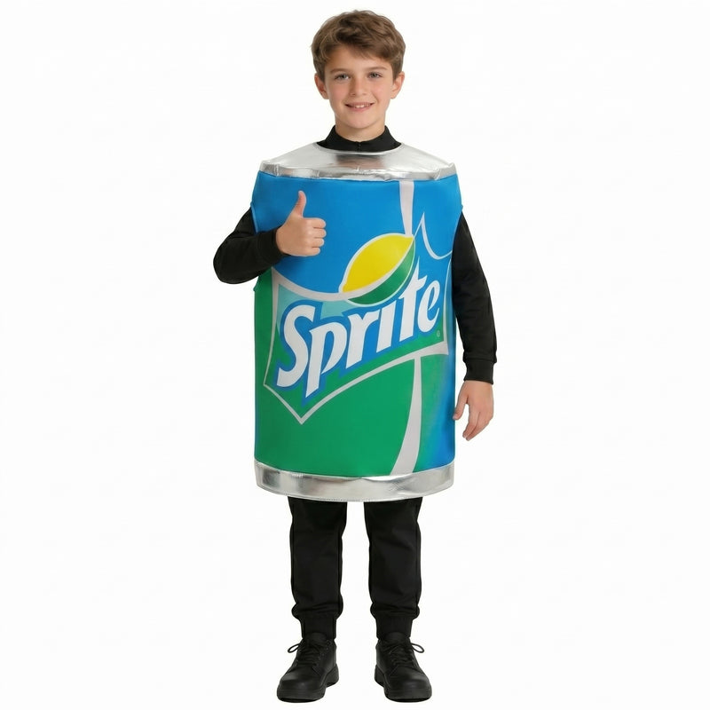 Child wearing green lemon lime soft drink can costume tabard over black top and pants giving a thumbs up