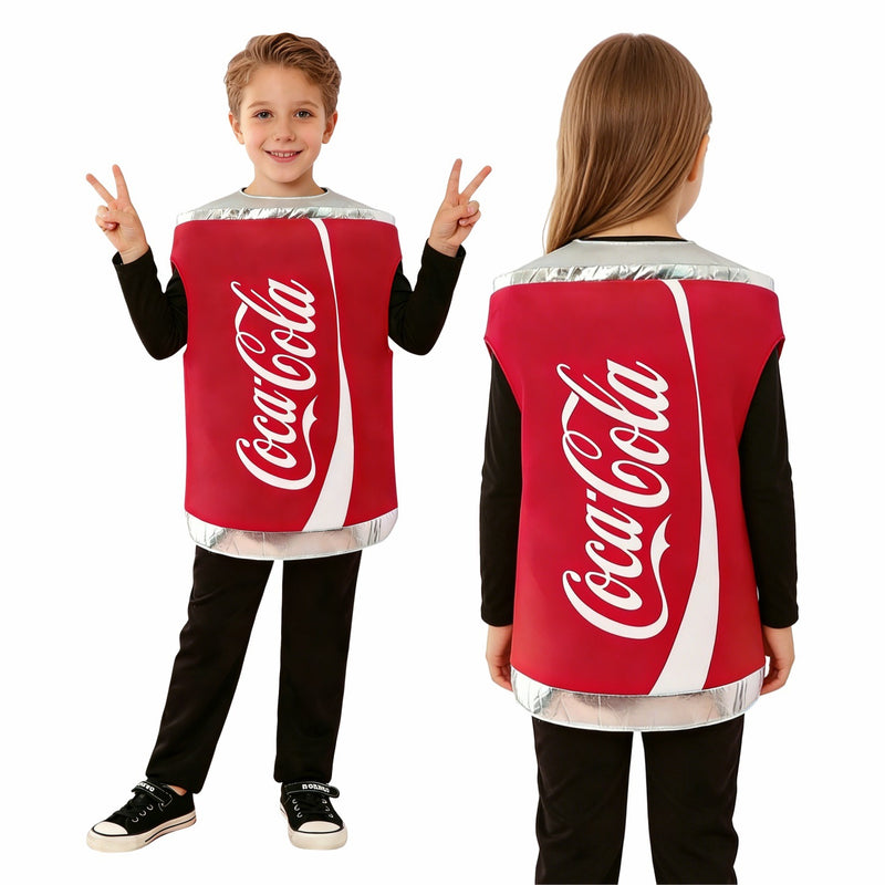 Front and back view of children wearing red cola soft drink can costume tabard over black tops and pants