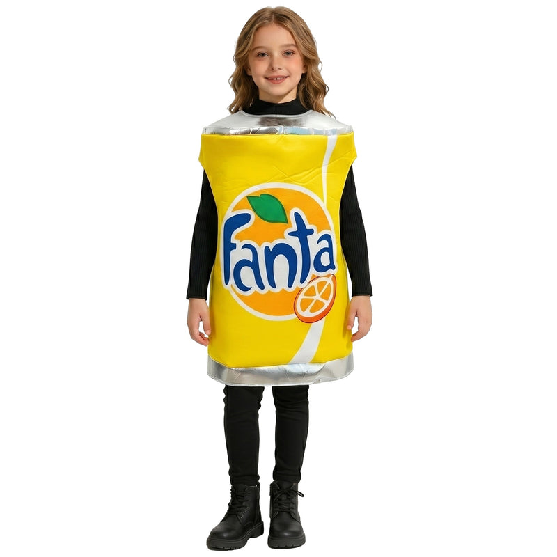 Child wearing yellow orange soft drink can costume tabard over black top and pants